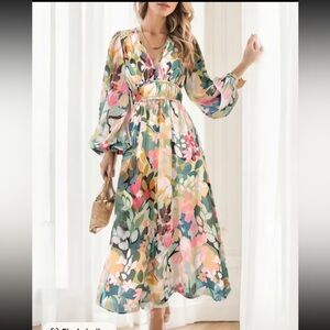 Floral V-Neck Long Sleeve Maxi Dress - Pink & Green